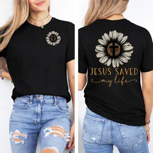 Faith Cross Sunflower Shirt, Jesus Saved My Life T-Shirt, Christian Religious Tee, Women's Casual Inspirational Jesus Apparel