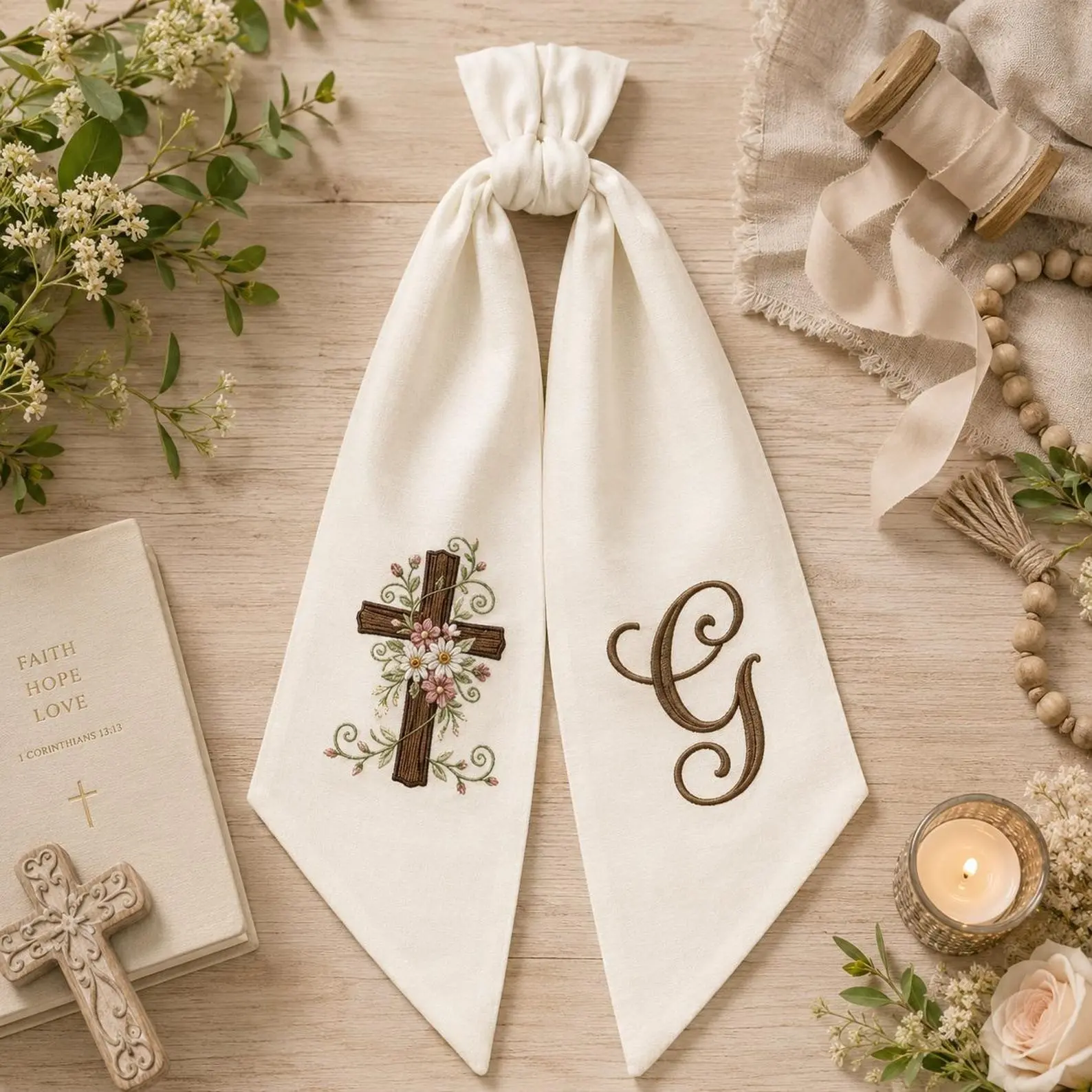 Wreath Sash Floral Cross Monogram , Embroidered Ribbon , Custom Baptism Gift Easter Decor