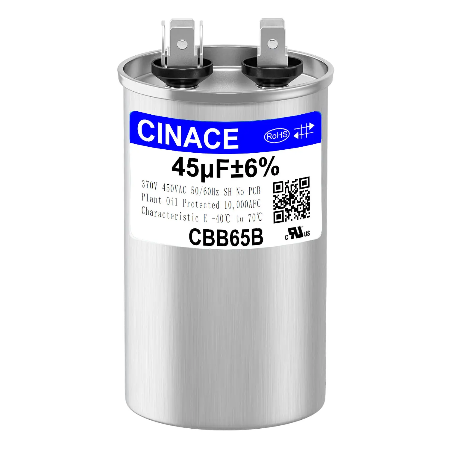 CINACE Dual-Run/Start Circular Capacitor, 45uF 45MFD ±6% Tolerance, 370/450VAC 50/60Hz, 100*50mm Compact Size - For Air Conditioner, HVAC, Fans, Heat Pumps, AC Motors