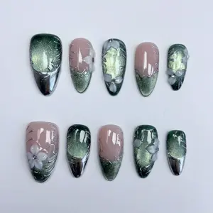 Orest Green Press On Nails | Soft Floral Design Nails | Moss Green Metallic Nails | Glossy Elegant Style Nails | Gift Ready Press On Nails