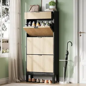 Shoe Cabinet with 3 Flip Doors & 1 Drawer, Entrance Wooden Shoe Rack with Iron Legs,Slim Shoe Storage Cabinet,Modern Fluted Shoe Organizer for Entryway Hallway
