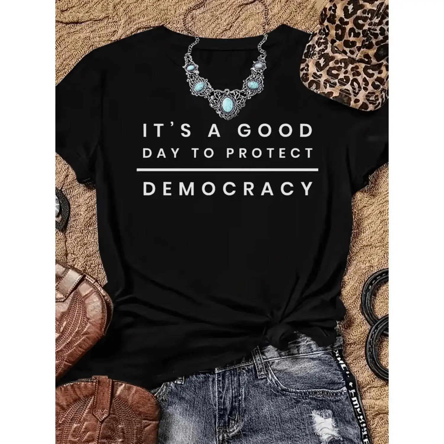 Women's "Protect Democracy" Streetwear T-Shirt - Black Short Sleeve, Black White Striped Sleeves, Loose Fit Cotton Blend Round Neck, Breathable Fabric, All Seasons Casual Top