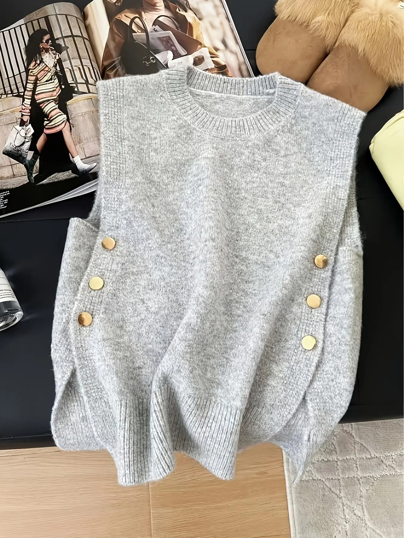 Women's Slim Fit Short Sleeve Y2K Fashion Basic Elegant Outdoor Knit Top, Round Neck Solid Color Sleeveless Pullover, Spring Summer Fall Casual Wear Knitwear Womenswear Fitted