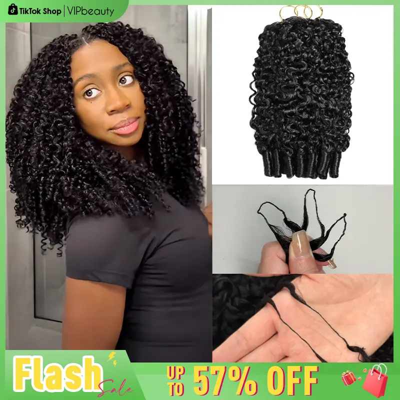 【Flash Sale】VIPbeauty Burmese Curly Crochet Human Hair 60g Knotless Pre-Separated Feather Jerry Curly /Burmese Curly Human Crochet Hair 3C4A Lightweight Reusable Remy Hair Extensions for Women Natural Black Color