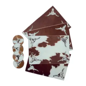 Handmade Cowhide Placemats and Coasters Bundle - Longhorn Brown & White