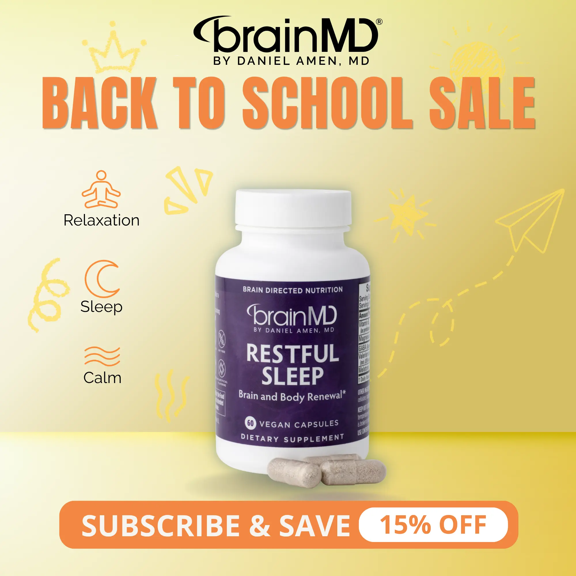 Restful Sleep | BrainMD | 60 Capsules | Sleep Support with Melatonin | Relaxation & Calm | GABA, Valerian & Vitamin B6