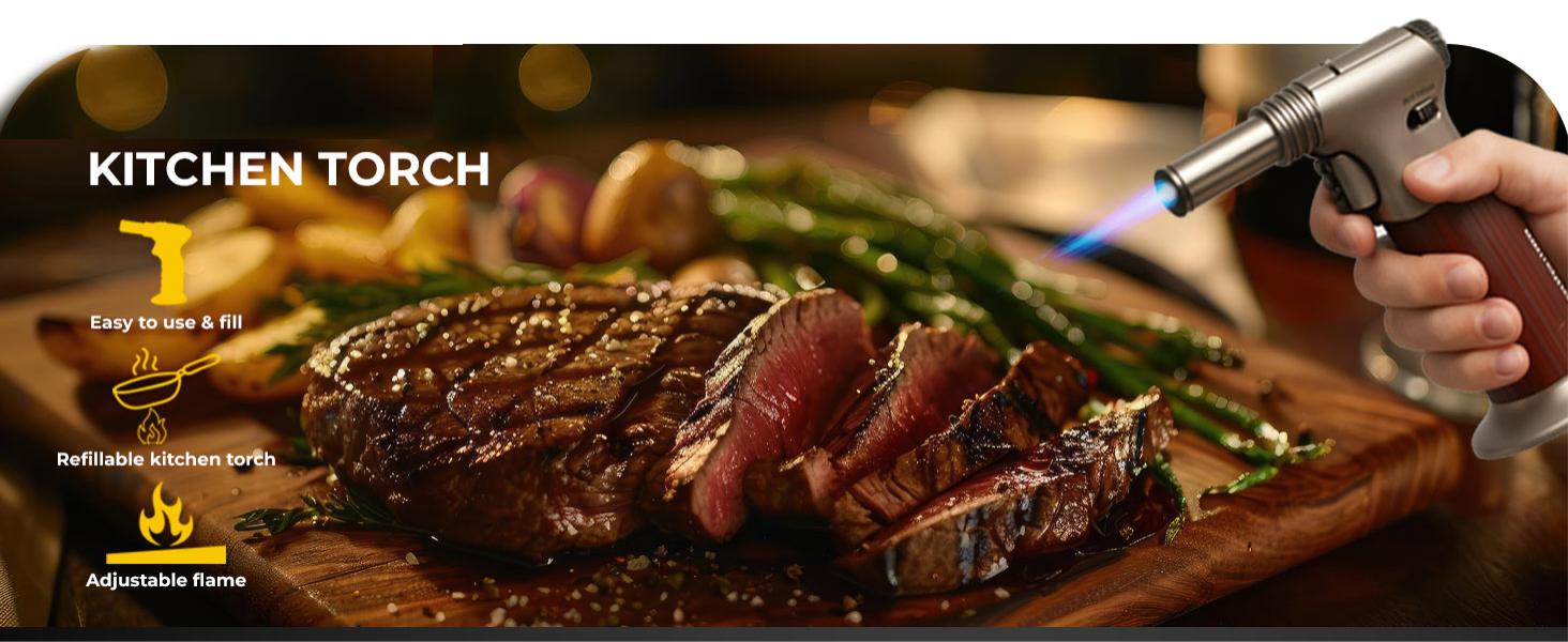 Dual Flame Butane Torch Lighter, Windproof Refillable Kitchen Torch, Adjustable Flame with Ignition Lock Blow Torch for Cooking, Creme Brulee, Soldering, Welding, Comes with an Exquisite Gift Box(Butane Gas Not Included)