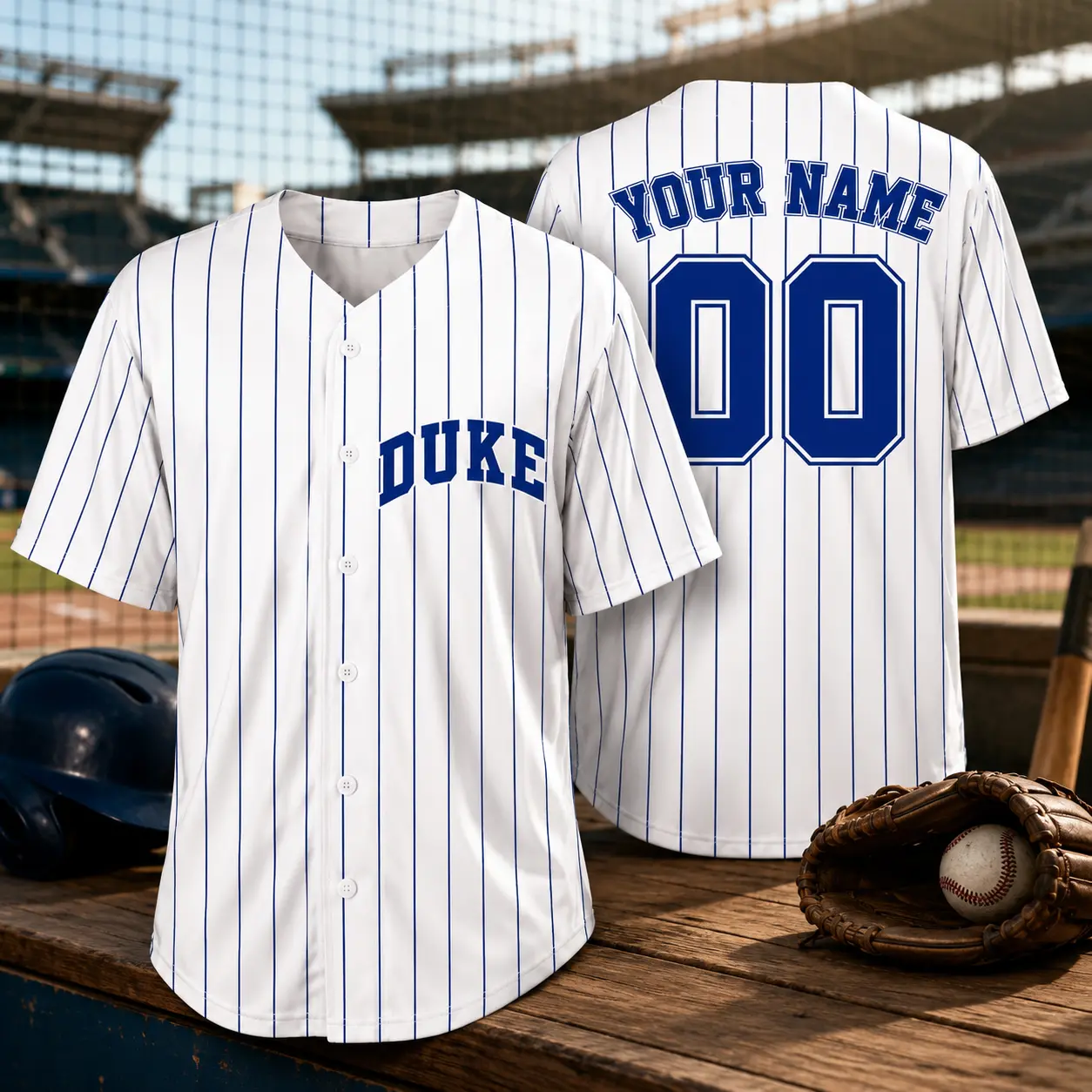 Custom Duke Baseball Jersey, Personalized Name And Number Button Down Sports Shirt, White Athletic Team Uniform, Breathable Game Day Apparel, Adult Unisex Fan Gift, Custom Baseball Top For Players And Fans