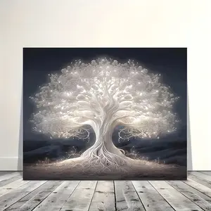 1-Piece Tree of Life White Light Canvas Wall Art, Framed Landscape Tree Motif Painting, Wooden Frame Home Decor, Suitable for Living Room, Bedroom, Unique Gift Ornament, Artistic, Decoration