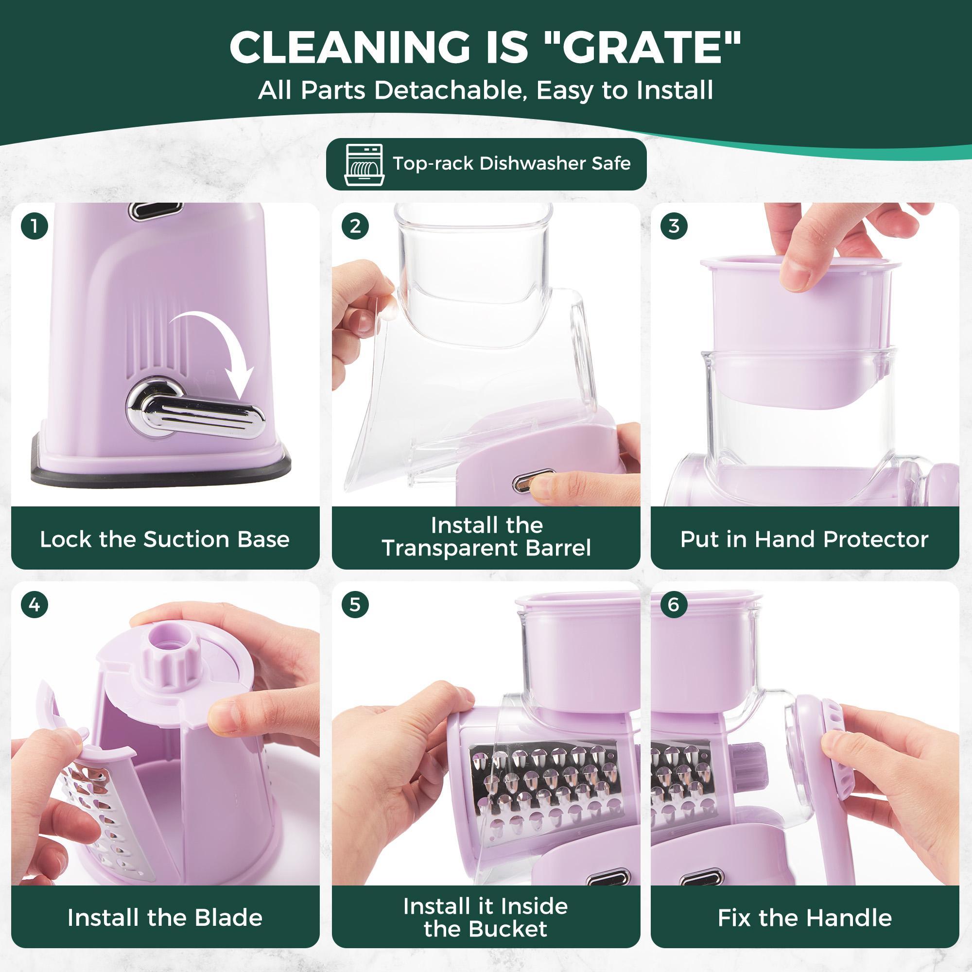 [BF&CM]KitExpert Next-Gen Purple Cheese Grater(Larger&Faster),  5 in 1 Rotary Cheese Grater, Mandoline Slicer, Vegetable Chopper, Pink Kitchen, Mother's Day Gift.