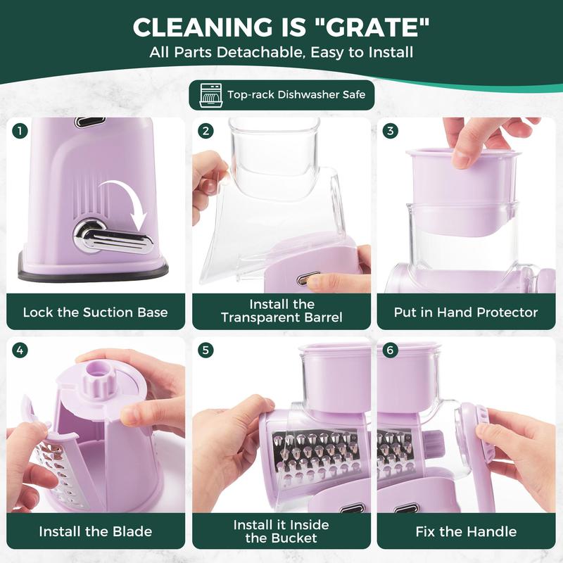 [BF&CM]KitExpert Next-Gen Purple Cheese Grater(Larger&Faster),  5 in 1 Rotary Cheese Grater, Mandoline Slicer, Vegetable Chopper, Pink Kitchen, Mother's Day Gift.