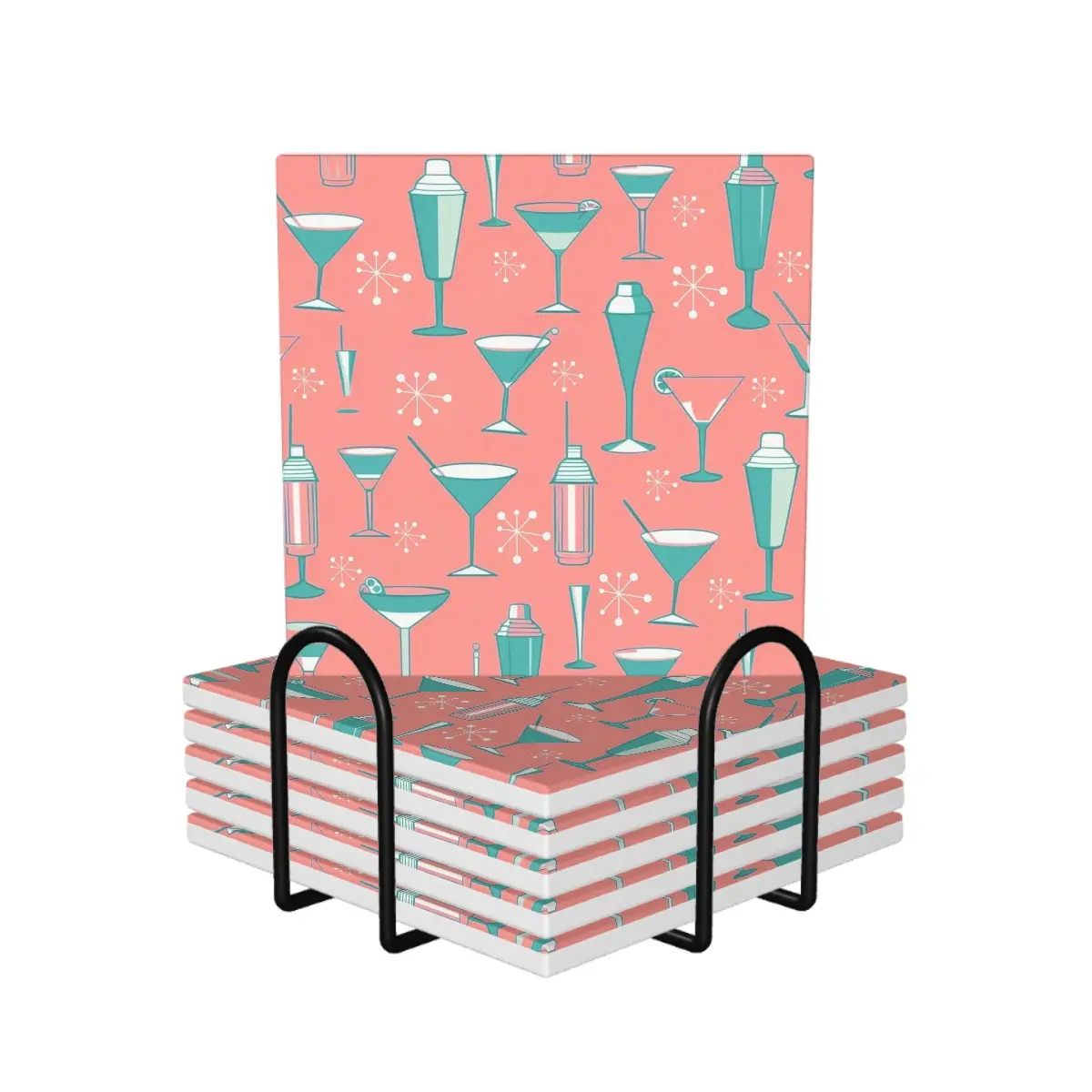 Palm Springs Cali Martini Bar Kitschy Mid Century Coral Aqua Square Ceramic Coasters Set of 6