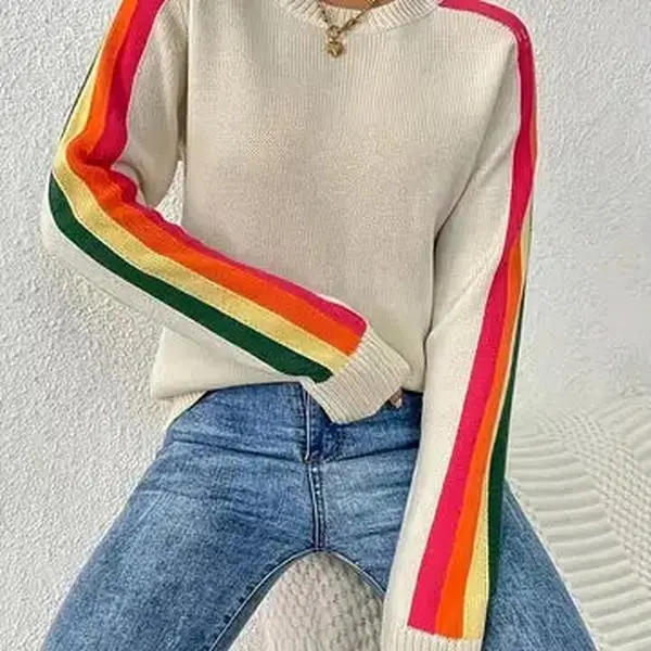 Rosa Retro Vibe Rainbow Sleeves Ribbed Neck Knit Sweater