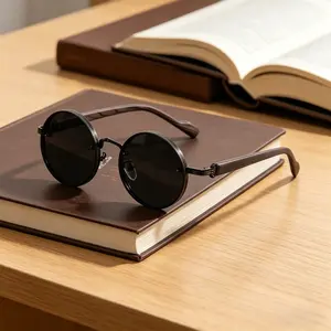 Men’s Round Frame Glasses, Metal Full Rim Eyeglasses with Wood Grain Temples, Retro Vintage Style Lightweight Frames