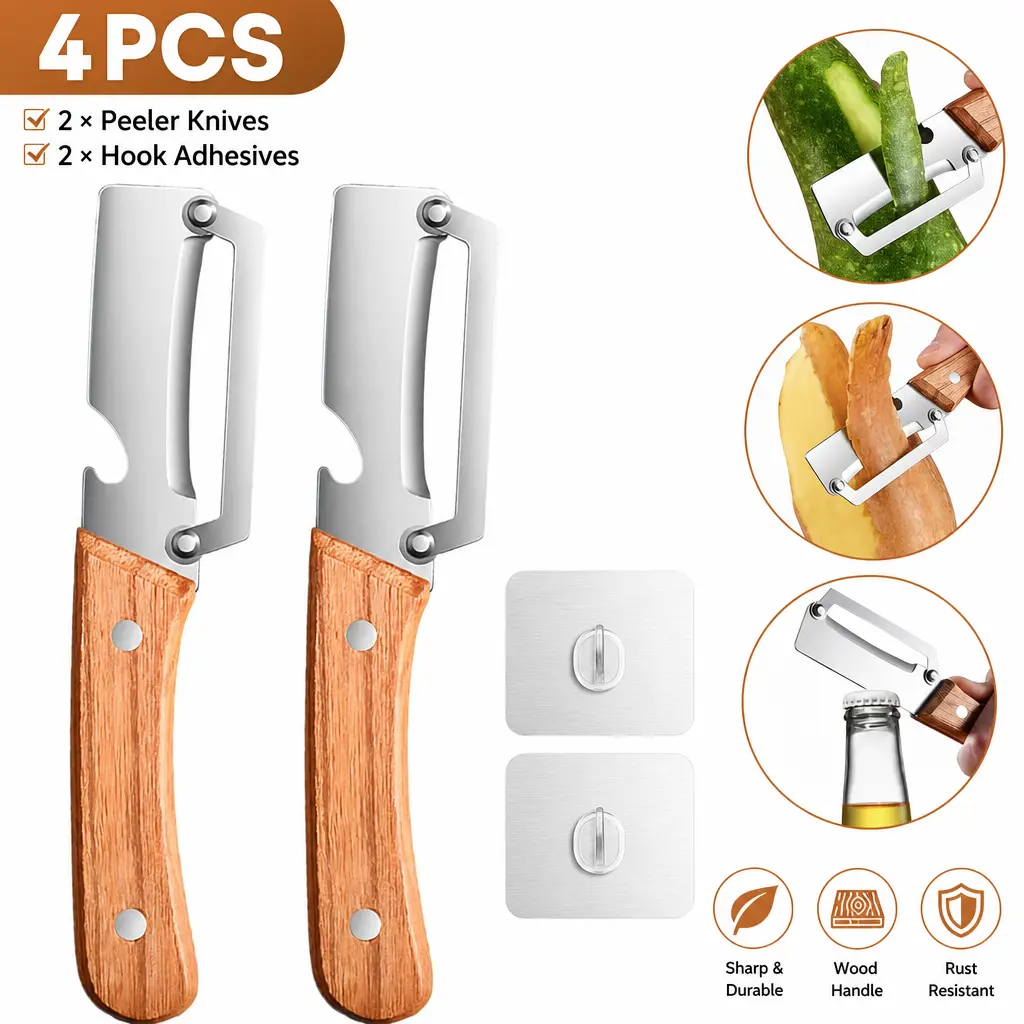 4PCS (2 Knives+2 Horn Hooks) Stainless Steel Multi-Tool Peeler 4-Pc Kitchen Set - Ultra-Sharp Blade, Thick Fruit & Vegetable Peeler, Wooden Handle with Bottle Opener & Built-In Scallion Shredder, Kitchen Essential for Weeknight Dinners, Drink Prep, 4Pcs(2