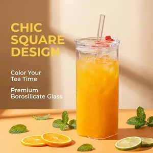 Square Glass Cups with Lids and Straws,6pcs \4Pcs Temperature Resistant Drinking Glasses, 400ml Reusable Beverage Glasses for Home & Cafe