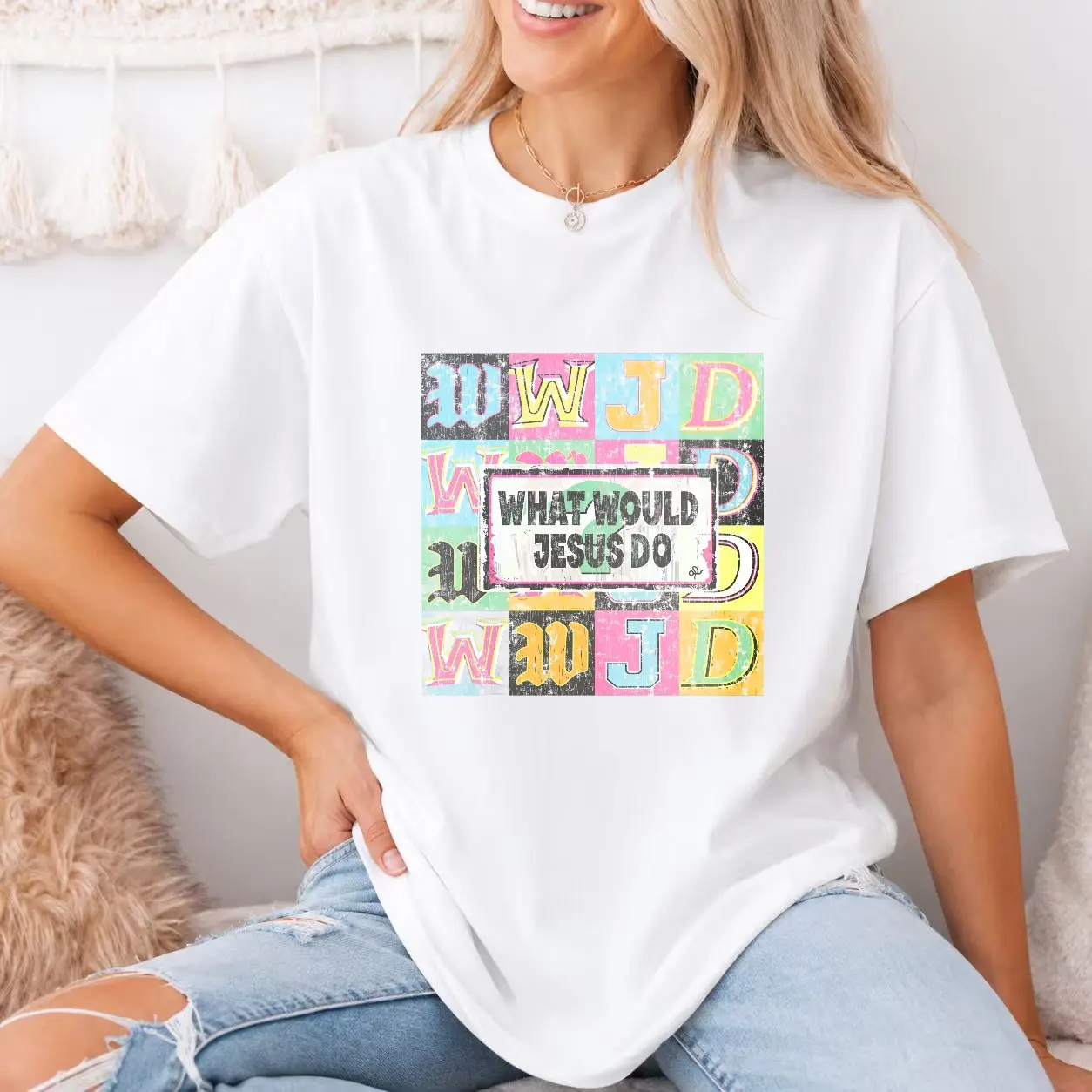 WWJD Retro Letter Graphic Tee, loose white tee with vintage colorful block prints. Distinct distressed prints fit daily wear and church outings, and it pairs easily with jeans and casual shorts cotton