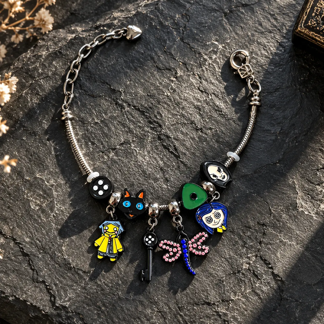Corallne The Secret Door Charm Bracelet | Enamel Pendant Button Key Cosplay Jewelry | Dark Fantasy Goth Bracelet, Ideal Gift & Costume Accessory for Fans