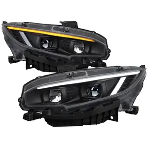 2016-2021 Honda Civic Projector Headlights w/ Switchback LED Sequential Turn Signals DRL Parking Light Strip (Matte Black Housing  / Clear Lens)