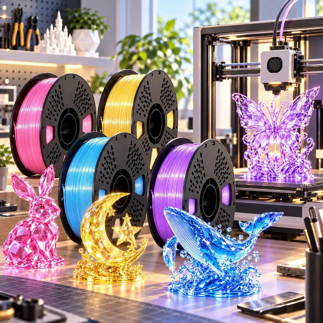 HELOLAND Translucent Crystal PLA Filament 1.75mm 1KG 2.2LB, Glossy 3D Printer Filament in Pink Yellow Blue Purple, for FDM 3D Printing, Detailed Figurines, Decorative Sculptures, DIY Models & Home Decor smooth print