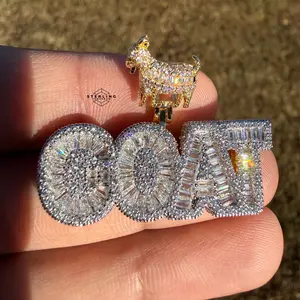 GOAT Iced Out Name Plate Pendant 14k White Gold Finish CZ Fully Encrusted Simulated Diamonds Hip-Hop Fashion + Free AntiTarnish Rope Chain
