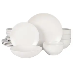 Gibson Home Queenslane 16 Piece Plates and Bowls Dishes Stoneware Ceramic Dinnerware Sets - Matte White