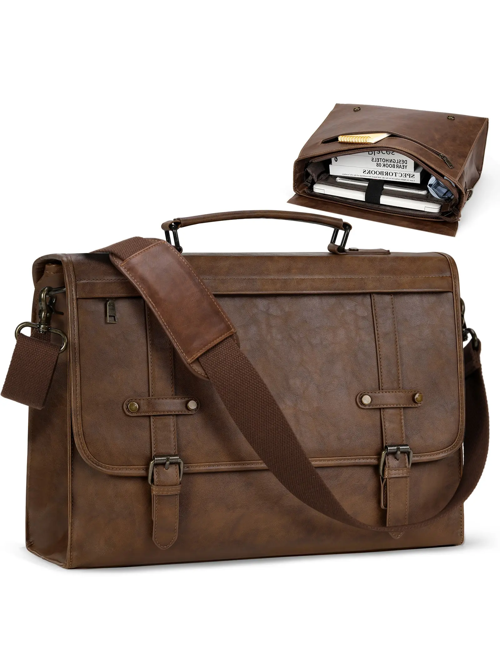 Men's Messenger Bag 17 Inch Waterproof Vintage Leather Laptop Briefcase, Large Capacity Computer Bag, Crossbody Shoulder Bag Strap, Travel Essentials