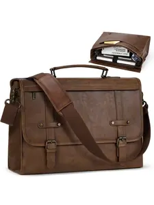 Men's Messenger Bag 17 Inch Waterproof Vintage Leather Laptop Briefcase, Large Capacity Computer Bag, Crossbody Shoulder Bag Strap