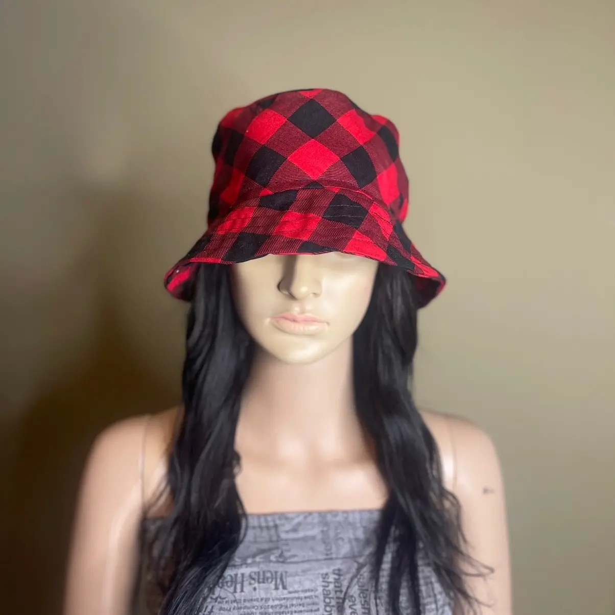 Red and Black Plaid Cotton Bucket Hat For Men & Females