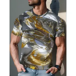 Futuristic Golden Robot Armor Graphic T-Shirt for Men, Cyberpunk Style Casual Wear, Perfect for Party Events And Everyday Outfits, Ideal Birthday Christmas And Holiday Gifts for Tech Enthusiast Males, Plus Size