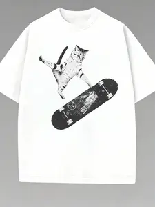 Cat Skateboard Graphic Print Oversized Short Sleeve T-Shirt, Breathable Cotton for Men and Women, Unisex, Casual Summer Tee for Streetwear or Campus Style