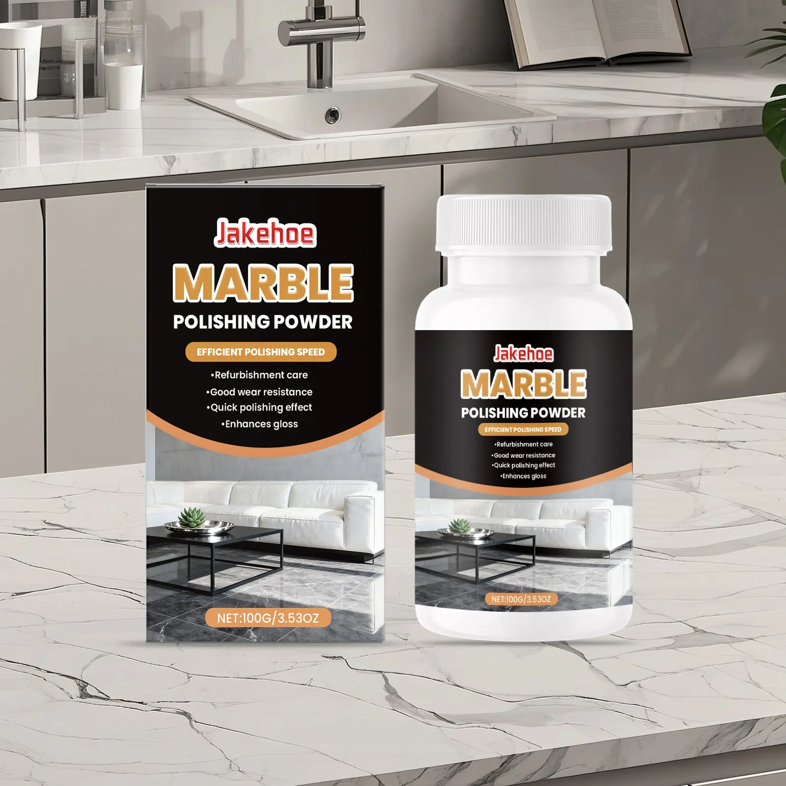Jakehoe Marble Polishing Powder, Kitchen Bathroom Countertop Care, Daily Cleaning, Stain Removal, Brightening, Renovation, Maintenance