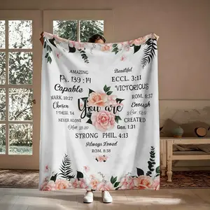 Christian Bible Verse Floral Blanket, 1 Count Soft Warm Flannel Throw Blanket, Cozy Nap Blanket for Religious Gift