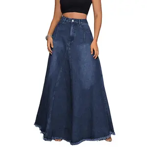 Chouyatou Women's Cotton A-line Washed Denim Maxi Skirt Vintage Distressed High Waist Frayed Hem with Pockets