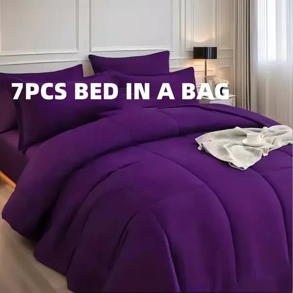 Cosybay 7PCS Luxury Color Comforter Set, Queen/King Bedding Set with Comforter, Flat Sheet & 4 Pillowcases, Bed-in-a-Bag for Bedroom, Hotel, Dorm & Travel