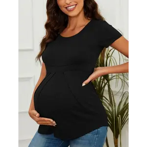 Maternity Tops - Stretchy Rayon Blend Short Sleeve Crew Neck Tunic with Front Pleat Peplum Hem, Breathable Pregnancy Shirts for Spring/Summer, Machine Washable (Black, Coral, Light Blue), Clothes Casual Pregnant graduation dress