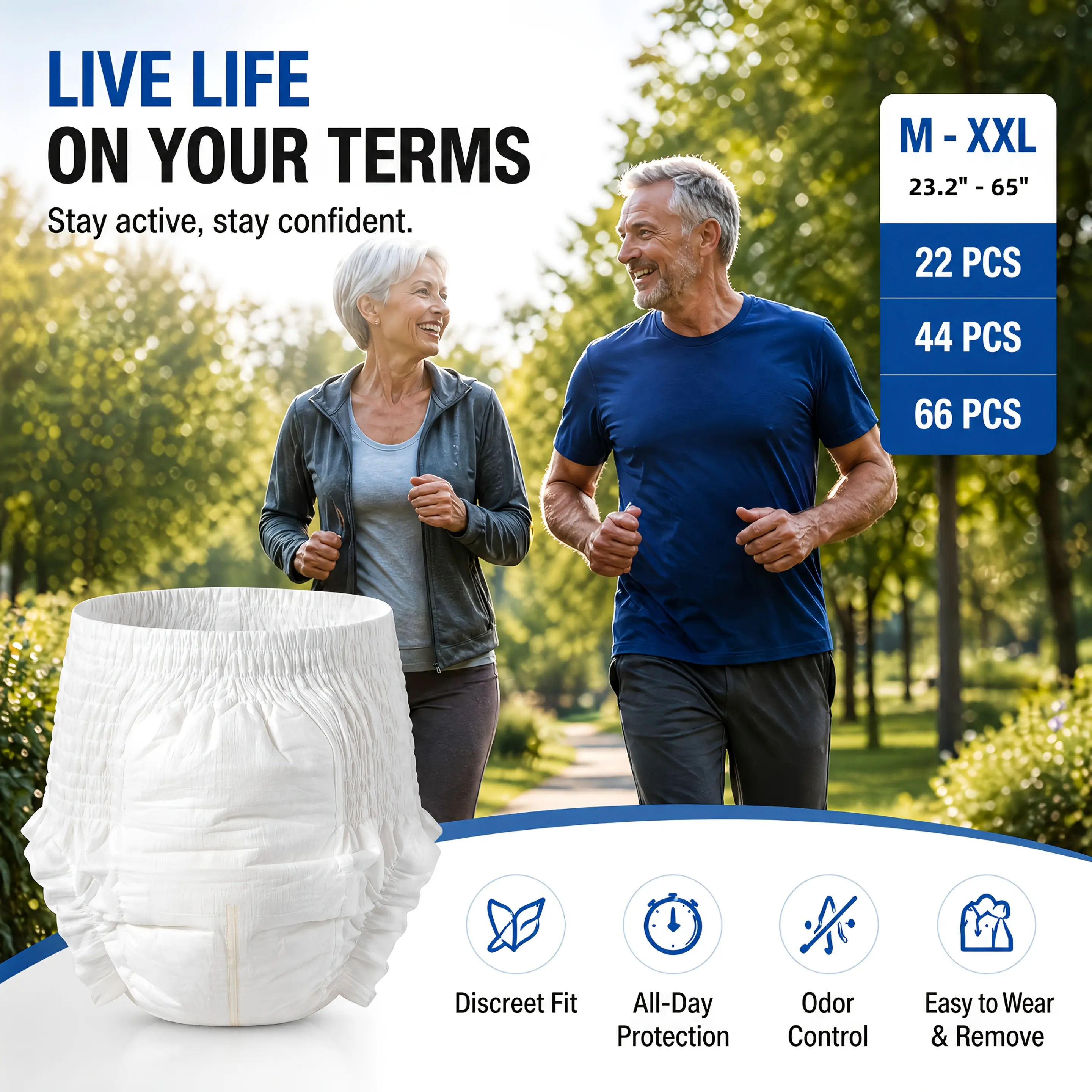Disposable Adult Pull-On Underwear, Maximum Absorbent Protective Briefs for Seniors, Unisex Breathable Leak Guard Pants, Odor Free & Soft Stretch Fit for All Day Comfort, Sizes M L XL XXL, Available in 22 44 66 Pcs