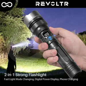 2 in 1 Strong Rechargeable Flashlight with Digital Power Display Zoomable Waterproof Adjustable Brightness Light and Power Bank for Outdoor Emergency Camping Fishing Garden Lighting Night Security Garage Use Car Accessories Holiday Gift