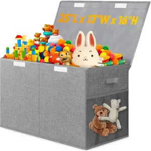 Large  Storage Box with Lid Divider, Sturdy Collapsible Toys Organizer Chest  Storage Bins Boxes Baskets for Boys, Girls, , Bedroom, Living Room, Playroom, 25"x13"x16", Gray