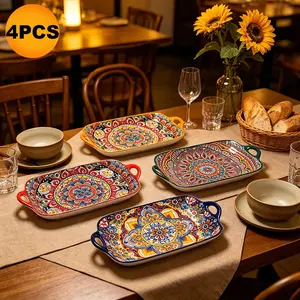 Bohemian Ceramic Bowl Set, 4 Pieces Party Decorative Bowls, Dishwasher Safe, Microwave Friendly, Elegant Tableware for Home Use