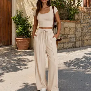 HarSum Women Casual Slim Fit Two Piece Set Short Sleeve Top & Wide Leg Pants | Flattering Lounge Travel Outfit | Ladies Commuter Matching Set