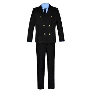 Sanji Black Double Breasted Suit Cosplay Costume Set Blue Stripe Shirt Tie Pants for Comic Con