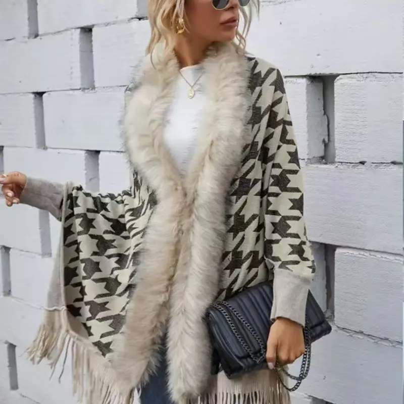 Women's Fashion New Print Polyester Shawl, Winter Faux Fur Lined Thickened Scarf, Fluffy Soft Scarf, Outdoor Warm Windproof Wrap Coat, Poncho Stylish and Cozy Accessories