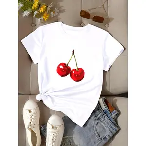 [Cherry Print T-shirt] Women's Cherry Print T-shirt - Short Sleeve Crew Neck Casual Top for Summer & Spring
