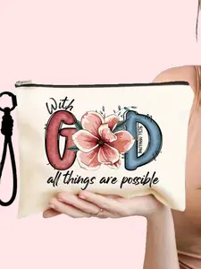 Travel Makeup Bag Set, Floral God Faith Theme Cosmetic Bag, Detachable Wrist Strap, Durable Canvas Material, Perfect Gift for Teachers