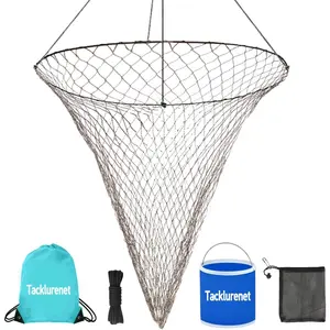 Foldable Drop and Pier Fishing Net, Portable Bridge Net,Crab Bait Shrimp Net with Bucket Soft Steel Hoop and 32FT Rope Storage Bag