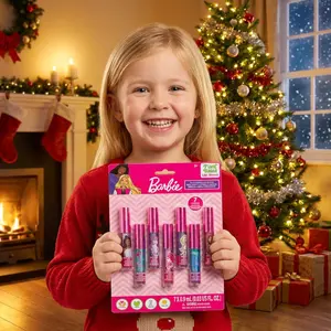 Official Barbie 7PC Plant-Based Lip Gloss Set for Girls | Non-Toxic Kids Makeup Gift, Birthday Party Favor, Pretend Play Beauty Set Ages 3+