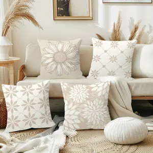 Set of 4, Short Plush Boho Minimalist Decorative Pillow Covers, 45.72 cm by 45.72 cm, Featuring a Beige Abstract Geometry Dahlia Daisy Design, Perfect for Cozy Home Decoration. Includes Zipper Closure And Made of Polyester