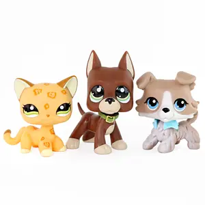3Pcs Cute Big Eyes Pet Figurines Set, Leopard Print Cat & Two Styles Dog Mini Animal Dolls, Kids Pretend Play Toy, Collectible Figures, Desktop Ornament & Birthday Gift
