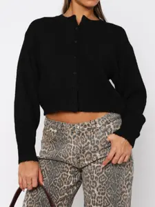 Women's Solid Button Front Cardigan, Casual Medium Stretch  Drop Shoulder Long Sleeve Cardigan for Fall & Winter, Women's Knit Fabric Clothing for Daily Wear, Knitwear Tops, Womenswear